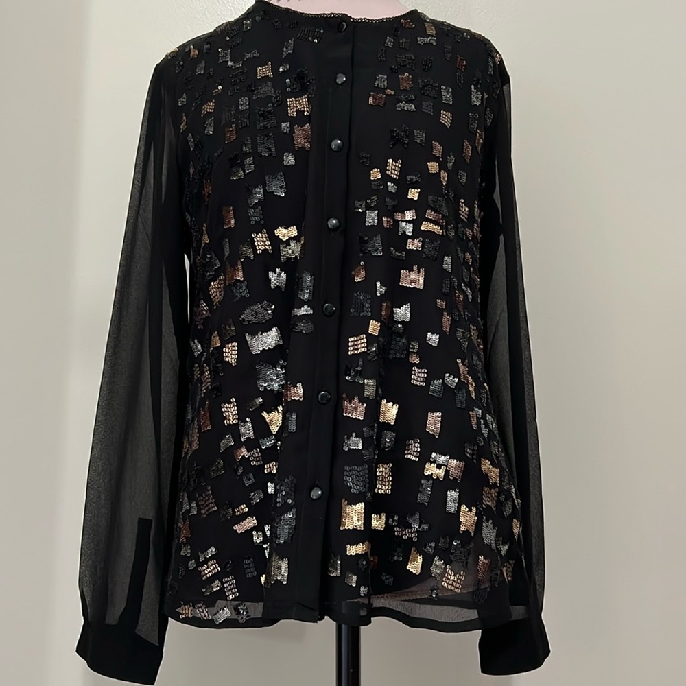 Coldwater Creek black sequin front blouse with sheer sleeves in size lar…